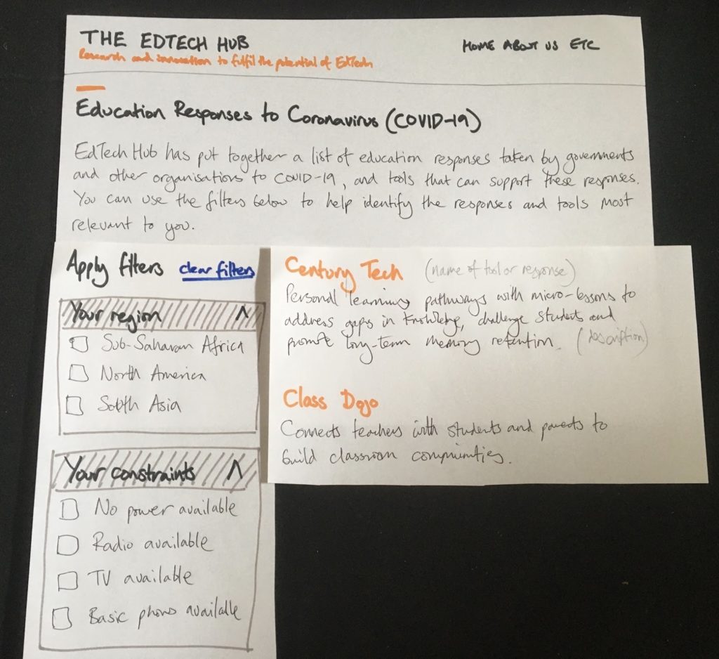 An early version paper prototype of the tool to help you find education responses by governments and EdTech tools.