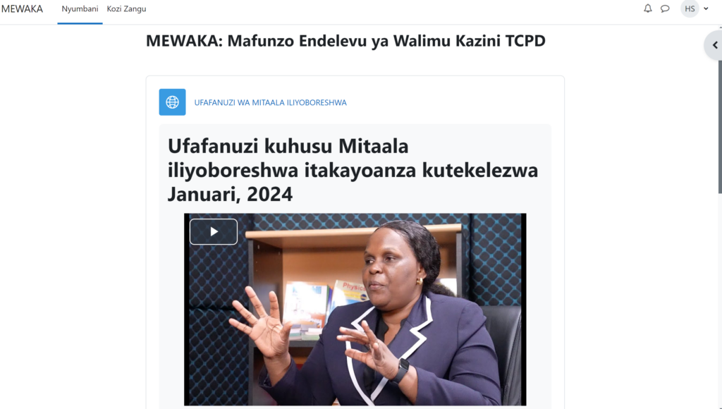 Image showing Screenshot of MEWAKA LMS homepage in Swahili. Credit: TIE MEWAKA LMS