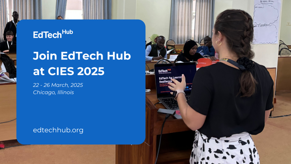Image showing an audience of people with text overlay reading 'Join EdTech Hub at CIES 2025'