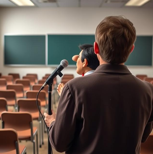 AI generated image showing a teacher holding a dummy, presenting to an empty classroom