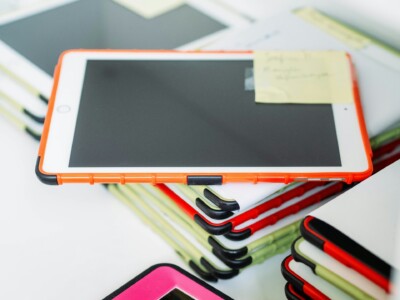 A stack of tablets in a classroom
