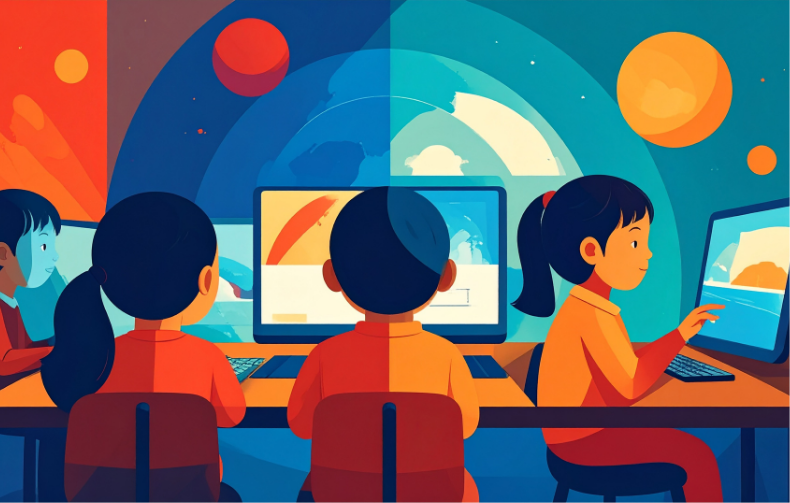 AI Scenario 3 - Learners in a futuristic classroom using AI on computers to learn